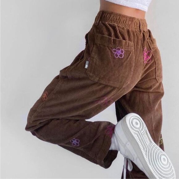 Urban outfitters embroidered flower corduroy pants brown - Picture 1 of 4
